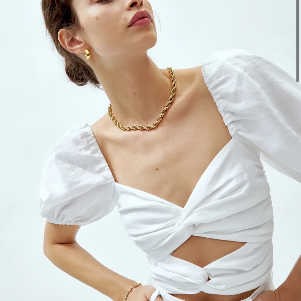 Reformation White Puff Sleeve Blouse with Cut Out